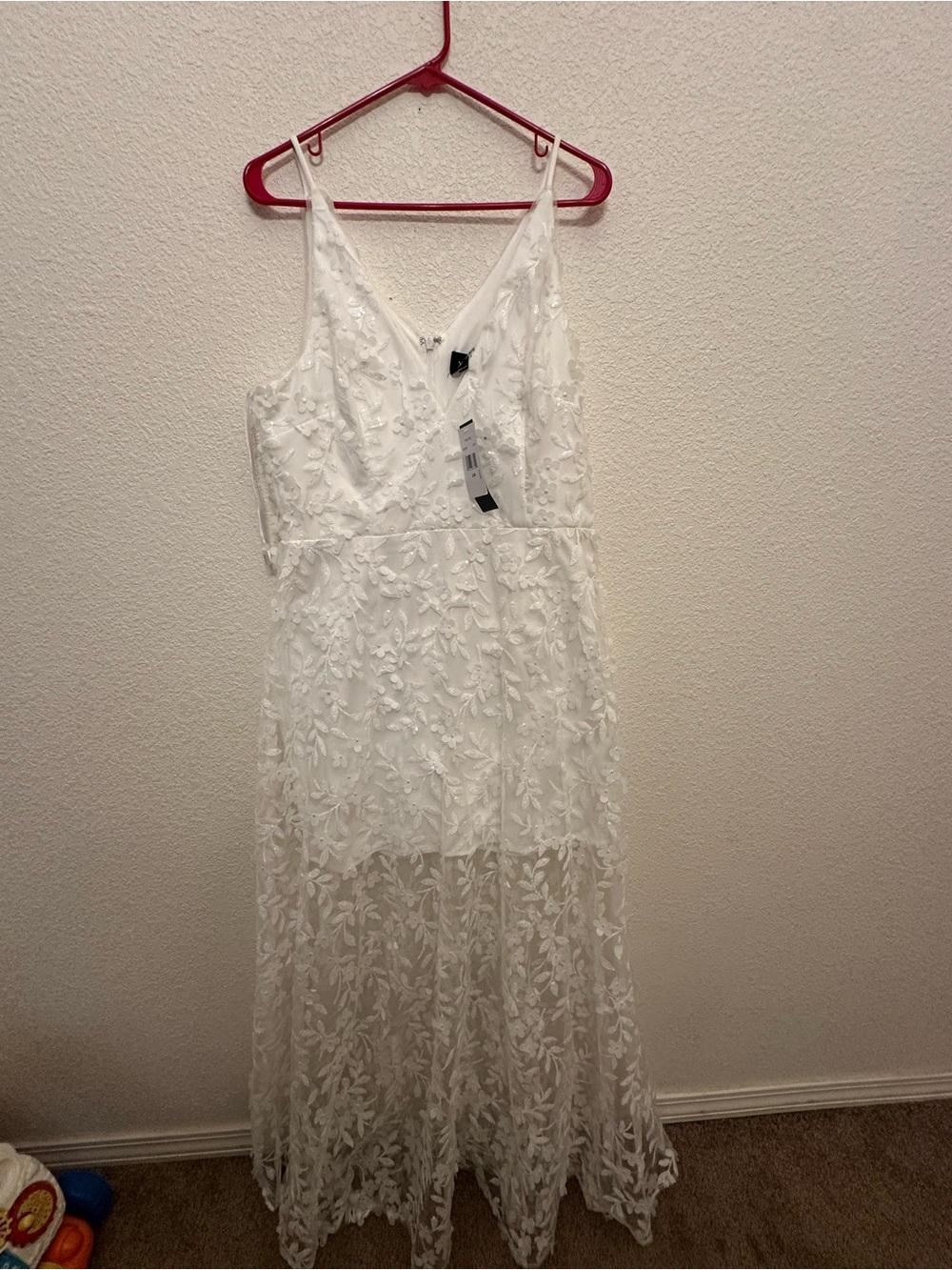 Xscape White Lace V-Neck Maxi Dress with Sheer Floral Overlay